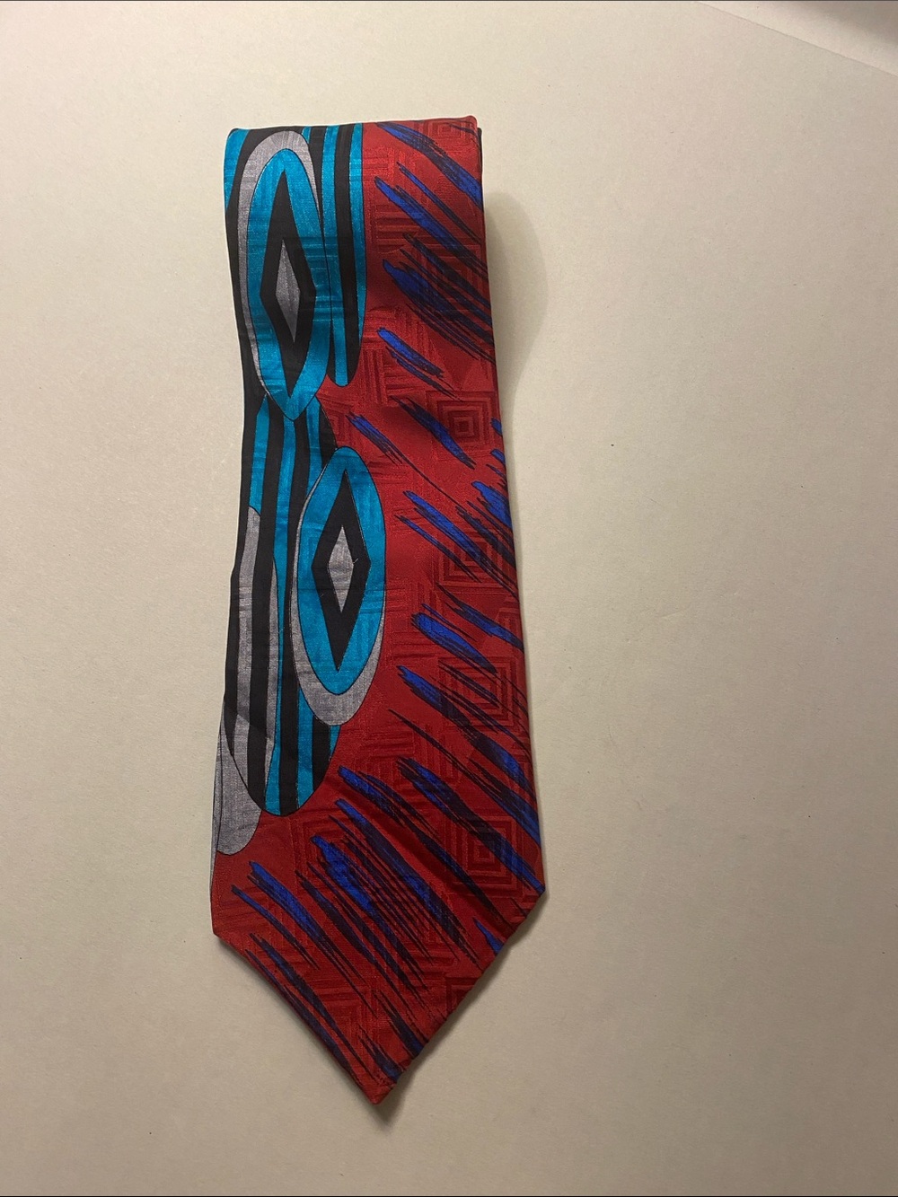 Men's Red Tie with Blue and Black Geometric Pattern